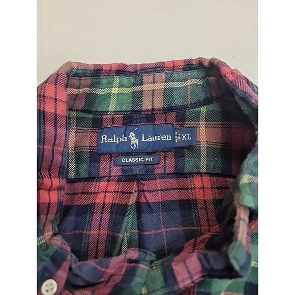 VINTAGE Polo Ralph Lauren Flannel Shirt Mens XL Plaid Green Blue Red RL 90s Long - Picture 3 of 8